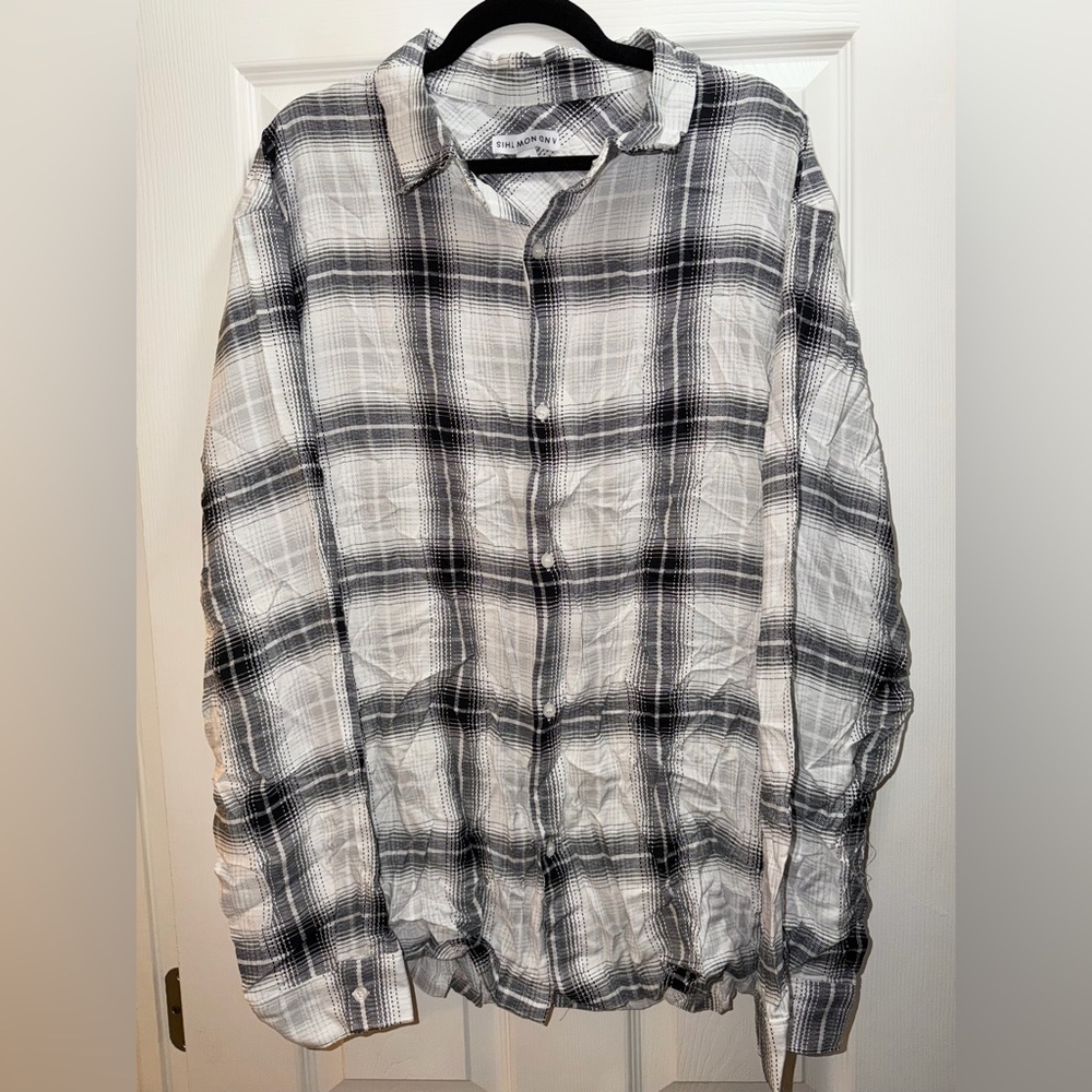 Macy’s Women's Black and White Plaid Button Down Shirt